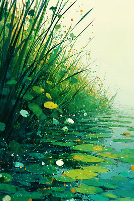 JPG 식물 일러스트 자연 생명 휴식 연꽃 어류 풍경 초원 초록색 여름 고요 연못 풀 수면 수중식물 연습 생태계 국내일러스트 AI일러스트 AI콘텐츠 계절 꽃 컬러 컨셉 물 수중동물 파일형식