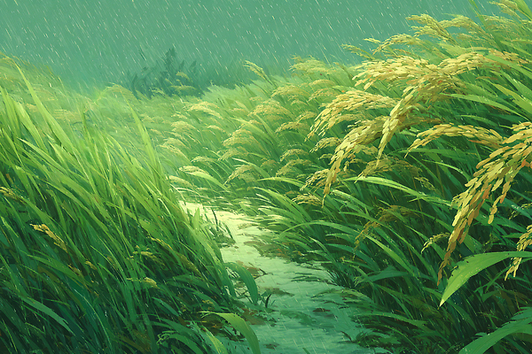 JPG 식물 계절 농업 일러스트 자연 곡류 한국 논 풍경 초록색 물 여름 농사 금색 수확 벼 농촌 비석 빗물 흙길 국내일러스트 AI일러스트 AI콘텐츠 자연요소 산업 아시아 길 컬러 흙 시골 비_날씨 생태계 파일형식