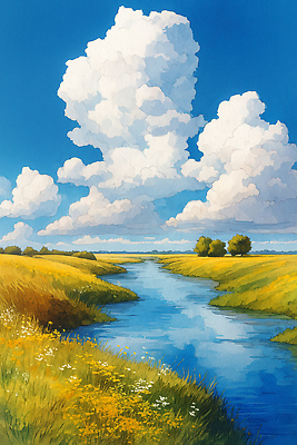 JPG 나무 구름 계절 꽃 일러스트 자연 하늘 풍경 초원 물 여름 파란색 강 태양 들꽃 금색 농촌 시골 대기 풀 생태계 국내일러스트 AI일러스트 AI콘텐츠 자연요소 식물 컬러 파일형식