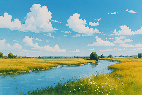 JPG 식물 구름 일러스트 자연 하늘 생명 풍경 초원 초록색 여름 햇빛 평화 시골 강가 생태계 국내일러스트 AI일러스트 AI콘텐츠 자연요소 계절 컬러 컨셉 강 태양 파일형식