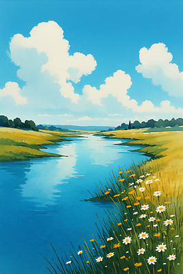 JPG 구름 꽃 일러스트 자연 하늘 생명 풍경 초원 여름 파란색 강 노란색 평화 맑음 봄 시골 숲 수조 조화 국내일러스트 AI일러스트 AI콘텐츠 자연요소 식물 계절 컬러 컨셉 날씨 생태계 파일형식