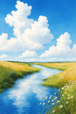 JPG 구름 꽃 여유 컬러 일러스트 자연 하늘 생명 풍경 초원 물 여름 강 평화 환경 맑음 지평선 뷰티풀 국내일러스트 AI일러스트 AI콘텐츠 자연요소 식물 계절 감정 컨셉 날씨 생태계 파일형식