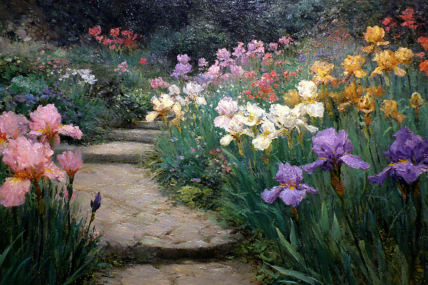 JPG 식물 편집이미지 꽃 컬러 자연 하늘 풍경 잔디 여름 정원 산책로 아이리스 돌길 만개 뷰티풀 편집실사 AI일러스트 AI콘텐츠 계절 길 CG 생태계 파일형식