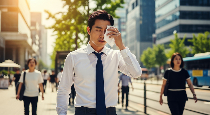 JPG 편집이미지 남자 거리 건물 일상 여름 걷기 직장인 보행자 도심 더위 땀 바쁨 의료성형뷰티 편집실사 AI인물포토 AI콘텐츠 직업 건축물 계절 모션 날씨 사람 라이프 도시 CG 파일형식 AI포토