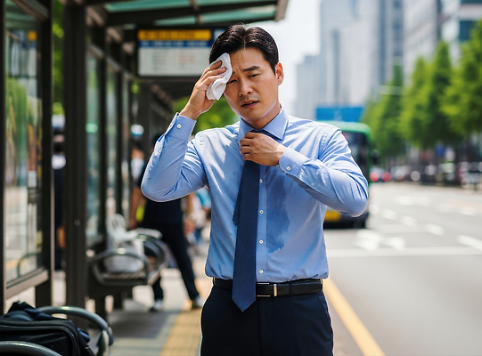 JPG 편집이미지 남자 날씨 대중교통 정장 여러명 일상 여름 도시풍경 대기 도시 버스정류장 더위 땀 의료성형뷰티 편집실사 AI인물포토 AI콘텐츠 옷 계절 교통수단 다수 사람 풍경 라이프 역 CG 파일형식 AI포토