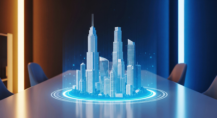 JPG 편집이미지 디자인 탁자 기술 3D 디지털 도시 구조물 프레젠테이션 회의실 혁명 홀로그램 이미지편집 편집3D AI컴퓨터그래픽 AI콘텐츠 건축 가구 컨셉 디지털합성 파일형식