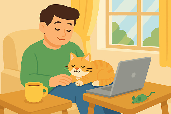 동물 남자 커피 일러스트 창문 가족 집안 휴식 일상 노트북 반려동물 소파 햇빛 고양이 편안함 무릎 국내일러스트 AI파일 음료 컨셉 의자 포유류 관계 실내 사람 라이프 신체부위 전자제품 태양 감각 파일형식 벡터