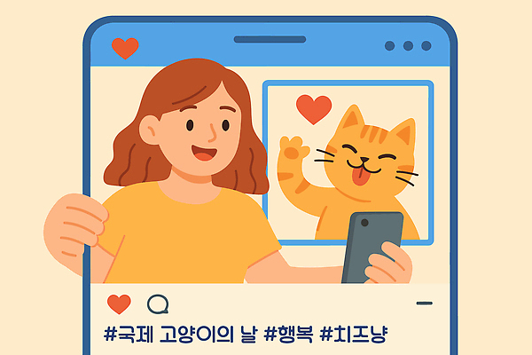 동물 여자 행복 감정 포즈 일러스트 사랑 일상 친구 스마트폰 반려동물 귀여움 고양이 축하 셀프카메라 즐거움 소통 소셜미디어 순간 국내일러스트 AI파일 컨셉 포유류 관계 사람 라이프 핸드폰 스마트기기 사진촬영 파일형식 벡터