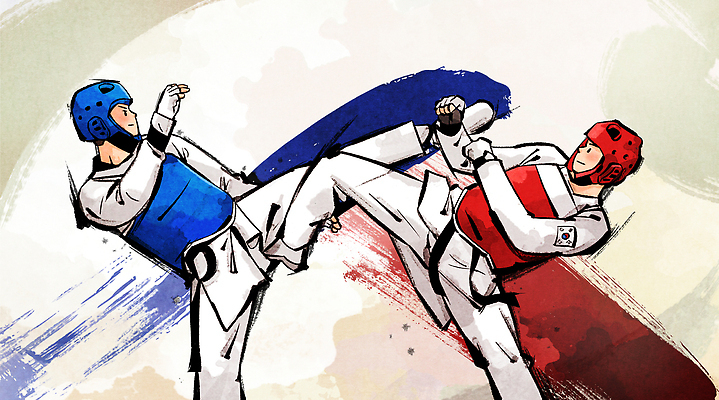 PSD 스포츠 유니폼 일러스트 운동선수 한국 기술 경기 운동 힘 경쟁 킥 헬멧 체육 연습 태권도 대회 순간 액션 국내일러스트 옷 아시아 컨셉 모션 건강 격투기 보호장비 파일형식