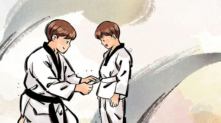 PSD 전통 교육 감정 어린이 스포츠 포즈 일러스트 한국 기술 도복 목재 친구 연령 연습 묘사 태권도 교류 검은띠 흰띠 국내일러스트 나무 옷 아시아 스포츠용품 재료 관계 사람 격투기 끈 파일형식