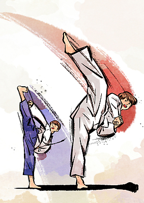 PSD 스포츠 포즈 일러스트 성공 기술 건강 도복 운동 힘 경쟁 무도 발전 킥 유연 집중 연습 동료 태권도 전략 국내일러스트 옷 컨셉 관계 모션 격투기 파일형식