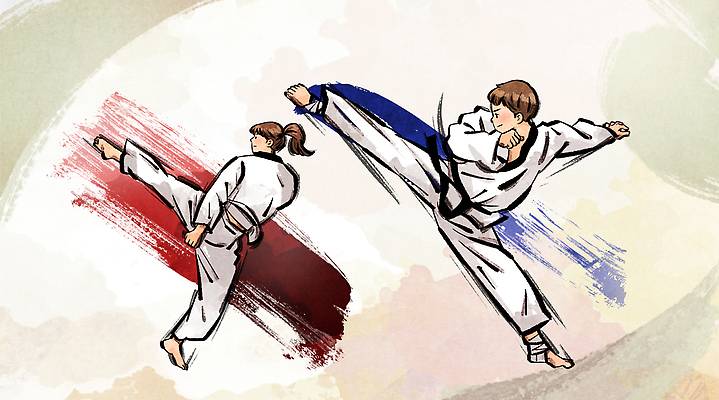 PSD 전통 여자 남자 일러스트 기술 경기 운동 힘 경쟁 무도 그룹 수비 킥 집중 연습 전쟁 노력 스릴 국내일러스트 스포츠 컨셉 모션 건강 사람 파일형식