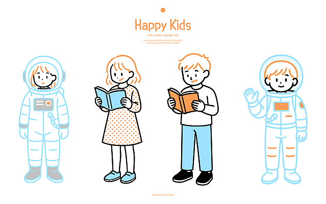 캐릭터 교육 어린이 컬러 일러스트 모션 소녀 소년 책 친구 독서 즐거움 그림 우주복 상상력 창의성 일러캐릭터 AI파일 옷 여자 남자 감정 관계 사람 파일형식 벡터
