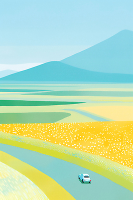 JPG 식물 컬러 꽃밭 일러스트 자연 하늘 풍경 초원 여름 파란색 농경지 노란색 평화 드라이브 차 언덕 지역 뷰티풀 국내일러스트 AI일러스트 AI콘텐츠 계절 꽃 음료 컨셉 농장 운전 생태계 파일형식