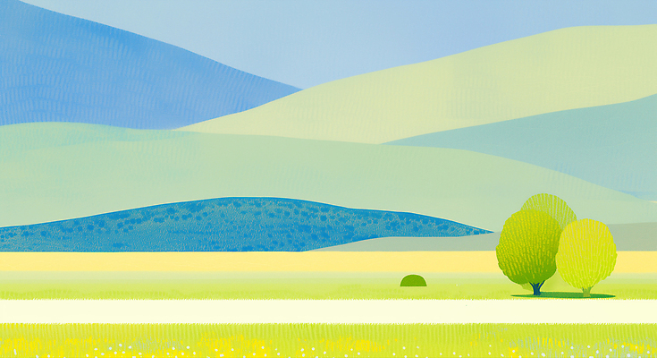 JPG 나무 식물 일러스트 자연 풍경 초원 여름 파란색 노란색 평화 고요 공간 시골 언덕 합성 뷰티풀 국내일러스트 AI일러스트 AI콘텐츠 계절 컬러 컨셉 생태계 파일형식