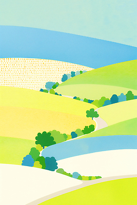 JPG 나무 길 예술 컬러 일러스트 자연 풍경 초원 초록색 파란색 노란색 고요 그림 감성 파스텔 조화 오후 국내일러스트 AI일러스트 AI콘텐츠 식물 컨셉 학용품 생태계 파일형식