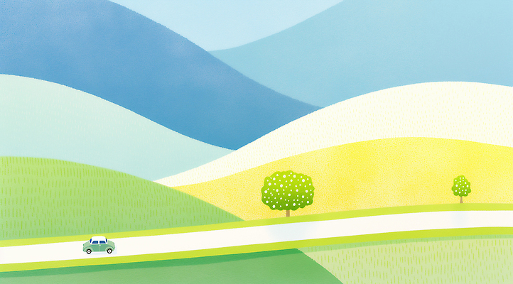 JPG 나무 구름 도로 여유 여행 일러스트 자연 하늘 거리 풍경 초원 초록색 파란색 노란색 평화 차도 차 언덕 색감 풍경화 국내일러스트 AI일러스트 AI콘텐츠 자연요소 식물 감정 길 음료 컬러 컨셉 교통시설 그림 생태계 파일형식