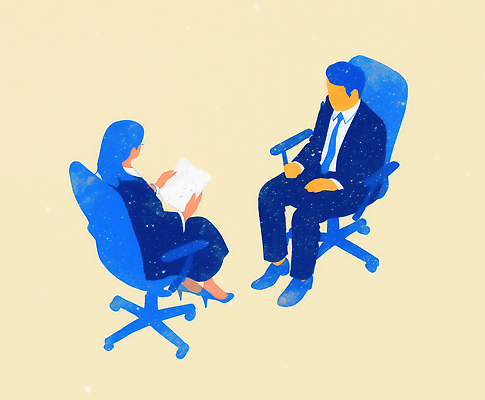 JPG 직업 의자 일러스트 직장 대화 사람 사무실 질문 집중 준비 면접 문서 평가 소통 대답 면접관 대면 국내일러스트 AI일러스트 AI콘텐츠 가구 컨셉 회사 비즈니스 말하기 파일형식