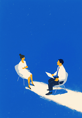 JPG 여자 남자 백그라운드 의자 일러스트 비즈니스 관계 모션 직장 대화 사람 파란색 사무실 분위기 집중 면접 문서 인터뷰 소통 면담 국내일러스트 AI일러스트 AI콘텐츠 컬러 가구 컨셉 회사 말하기 파일형식