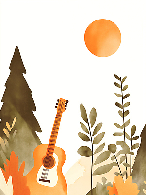 JPG 나무 식물 음악 컬러 백그라운드 일러스트 자연 휴식 풍경 초록색 여름 햇빛 주황색 소리 자유 기타 숲 그림 감성 조화 국내일러스트 AI일러스트 AI콘텐츠 계절 컨셉 현악기 문화예술 태양 생태계 파일형식