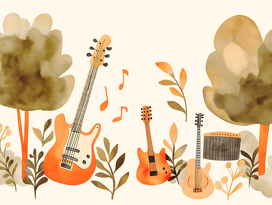 JPG 나무 식물 디자인 예술 악기 음악 음표 일러스트 자연 수채화 장식 초록색 갈색 소리 분위기 그림 조화 창의성 국내일러스트 AI일러스트 AI콘텐츠 기호 컬러 컨셉 문화예술 생태계 파일형식