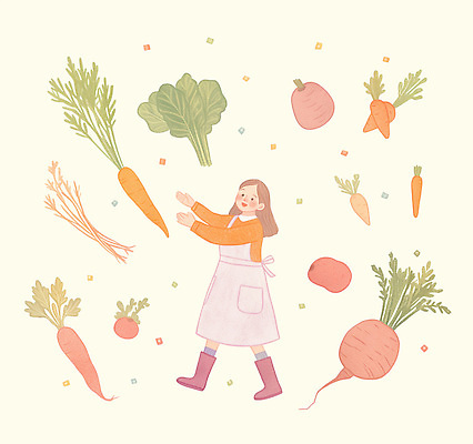 PSD 식물 컬러 백그라운드 농업 채소 일러스트 자연 건강 요리 장화 미소 웃음 소녀 친구 농장 귀여움 환경 주황색 수확 신선 국내일러스트 여자 산업 어린이 신발 컨셉 관계 표정 생태계 파일형식