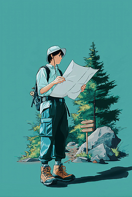JPG 식물 여행 지도 일러스트 자연 산 청년 야외활동 등산 하이킹 탐험 바위 표지판 숲 주말 등산화 길찾기 어드벤처 국내일러스트 AI일러스트 AI콘텐츠 신발 레저 알림판 성인 트래킹 돌_바위 생태계 등산용품 파일형식