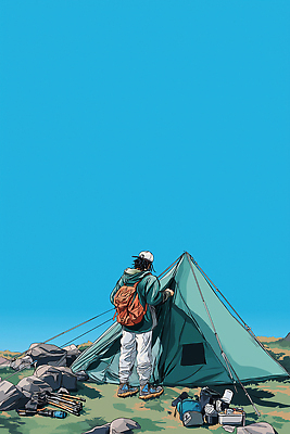 JPG 여행 일러스트 모션 자연 하늘 텐트 사람 풍경 잔디 야외 평화 등산 캠핑 탐험 도전 돌_바위 준비 등산로 설치 국내일러스트 AI일러스트 AI콘텐츠 식물 컨셉 레저 캠핑도구 트래킹 생태계 파일형식