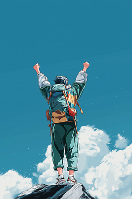 JPG 구름 옷 행복 여행 백그라운드 일러스트 배낭 청소년 자연 하늘 성공 기념 등산 기쁨 자유 탐험 도전 축하 우승 정상 국내일러스트 AI일러스트 AI콘텐츠 자연요소 감정 컨셉 가방 사람 트래킹 최고 생태계 파일형식
