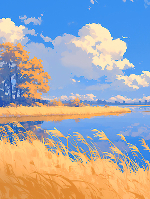 JPG 나무 여유 물결 컬러 단풍 일러스트 자연 하늘 갈대 풍경 햇빛 노란색 평화 가을 강가 감성 뷰티풀 오후 풍요 국내일러스트 AI일러스트 AI콘텐츠 식물 계절 감정 컨셉 잎 강 태양 생태계 파일형식