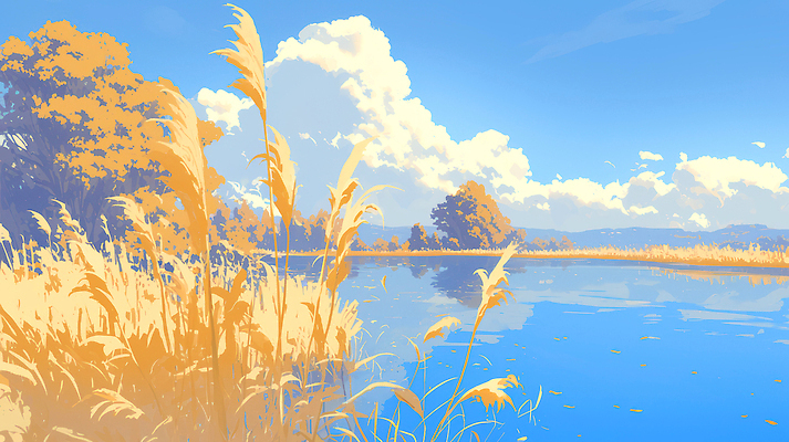 JPG 나무 식물 구름 호수 일러스트 자연 하늘 생명 바람 갈대 미술 풍경 물 여름 파란색 반사 평화 그림 생태계 뷰티풀 국내일러스트 AI일러스트 AI콘텐츠 자연요소 계절 컬러 컨셉 날씨 문화예술 파일형식