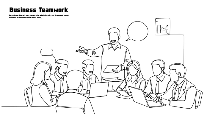 일러스트 비즈니스 회의 그래프 협력 아이디어 대화 노트북 사무실 발표 계획 분석 전략 의견 소통 리더쉽 마케팅 셰어링 국내일러스트 AI파일 컨셉 말하기 전자제품 파일형식 벡터 공유경제