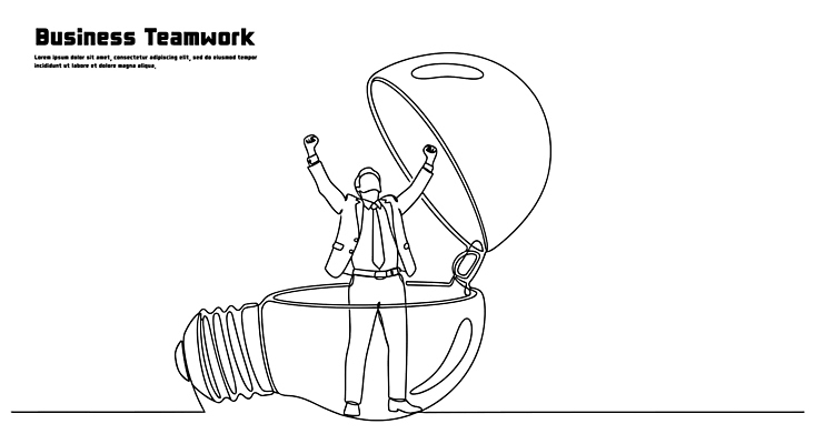 디자인 남자 상징 일러스트 비즈니스 전구 성공 협력 아이디어 정장 기쁨 표현 목표 상업 혁명 경영 문제해결 창의력 국내일러스트 AI파일 옷 감정 컨셉 사람 파일형식 벡터