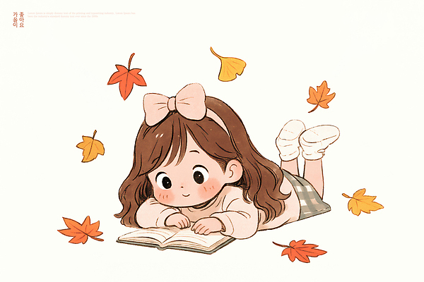 PSD 캐릭터 여유 백그라운드 단풍 잎 일러스트 모션 자연 이야기 웃음 소녀 책 독서 귀여움 가을 편안함 집중 즐거움 확인 국내일러스트 일러캐릭터 식물 계절 여자 감정 어린이 컨셉 표정 감각 생태계 파일형식