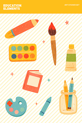 PSD 학생 디자인 교육 예술 컬러 일러스트 재료 미술 학습 연필 페인트 물감 도구 붓 자신감 그리기 그림 크레파스 그림책 창의성 국내일러스트 감정 모션 문화예술 학용품 책 필기구 미술도구 파일형식