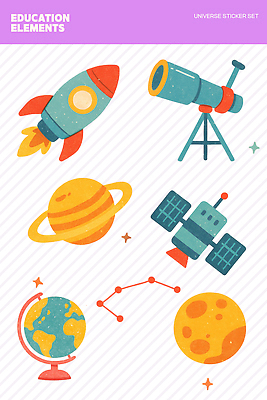 PSD 디자인 교육 스티커 일러스트 학습 지구본 우주 자료 망원경 별자리 행성 인공위성 로켓 탐험 도구 즐거움 우주과학 상상력 창의력 국내일러스트 카드프레임 감정 과학 통신 프레임 파일형식