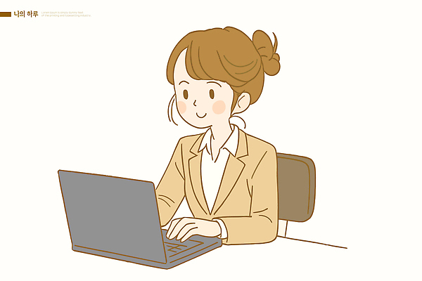 여자 일러스트 협력 직장 기술 앉기 일상 노트북 학습 컴퓨터 사무실 작업 체험 분위기 전문직 집중 커리어 국내일러스트 AI파일 직업 교육 컨셉 회사 비즈니스 모션 사람 라이프 전자제품 파일형식 벡터