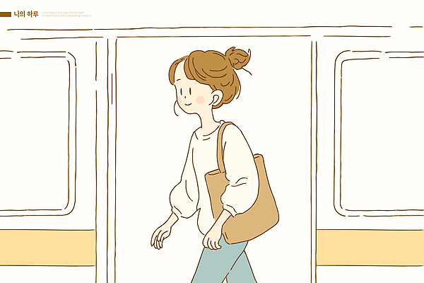 캐릭터 여자 이동 가방 일러스트 모션 아침 대중교통 일상 캐주얼 평화 걷기 소리 도시 전철 스케치 모던 그림 가벼움 국내일러스트 일러캐릭터 AI파일 주간 잡화 옷 육상교통 교통수단 컨셉 미술 사람 라이프 무게 파일형식 벡터