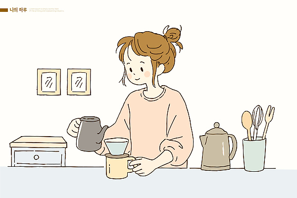 감정 여유 커피 일러스트 아침 수저 소녀 취미 일상 생활 컵 물 공간 분위기 차 편안함 즐거움 준비 차분 국내일러스트 AI파일 주간 자연요소 식기 여자 음료 어린이 컨셉 라이프 감각 파일형식 벡터