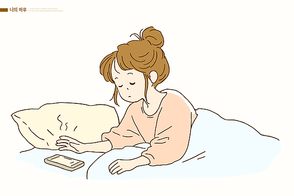여자 감정 컬러 생각 일러스트 모션 아침 휴식 일상 생활 스마트폰 기상 침대 편안함 주말 국내일러스트 AI파일 주간 가구 컨셉 사람 라이프 핸드폰 스마트기기 감각 파일형식 벡터