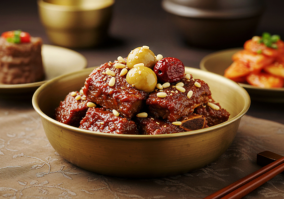 JPG 편집이미지 전통 한식 육류 요리 전통음식 맛 밤 저녁 은행 레시피 한정식 갈비찜 편집실사 AI포토 AI콘텐츠 음식 컨셉 식재료 금융 견과류 야간 CG 찜 갈비 정식 파일형식