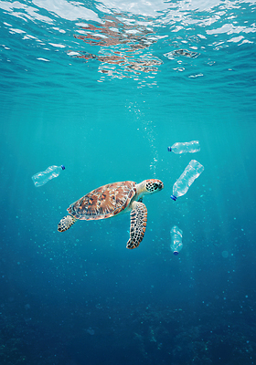 JPG 동물 편집이미지 지구 바다 자연 환경 수영 수중동물 오염 거북이 플라스틱 해양쓰레기 편집실사 AI컴퓨터그래픽 AI콘텐츠 파충류 재질 수상스포츠 쓰레기 CG 생태계 파일형식