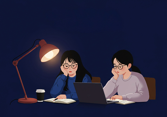 JPG 학생 커피 음료 일러스트 조명 함께함 책 친구 노트북 학습 스터디 인테리어 청춘 교양 분위기 도서관 저녁 집중 조용 국내일러스트 AI일러스트 AI콘텐츠 디자인 교육 컨셉 관계 전자제품 야간 파일형식