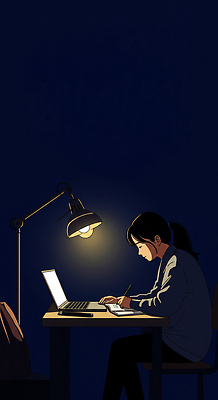 JPG 손글씨 여자 일러스트 조명 관리 노트북 학습 환경 어둠 시간 작업 사무 계획 집중 책상 정리 노력 마감 창의성 국내일러스트 AI일러스트 AI콘텐츠 교육 가구 컨셉 사람 전자제품 업무 파일형식