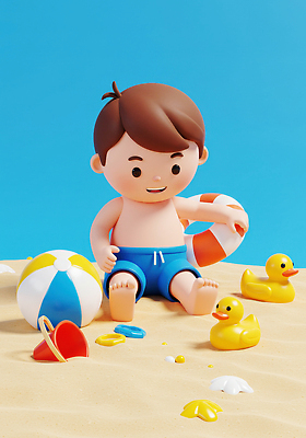 JPG 편집이미지 행복 어린이 모래 바다 컬러 물놀이 놀이 해변 여름 장난감 3D 아기 즐거움 오리장난감 구명부환 편집3D AI컴퓨터그래픽 AI콘텐츠 계절 감정 사람 안전장비 디지털합성 튜브 파일형식