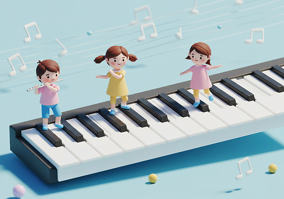 JPG 편집이미지 캐릭터 행복 어린이 음악 노래 놀이 3D 표현 춤 건반 피아노 즐거움 리듬 창의성 편집3D AI컴퓨터그래픽 AI콘텐츠 감정 문화예술 사람 건반악기 디지털합성 파일형식