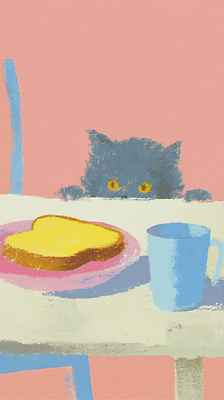 JPG 동물 음료 빵 백그라운드 일러스트 식탁 탁자 아침 디저트 한국 컵 귀여움 사각형 주방 고양이 먹이 호기심 색감 파스텔톤 국내일러스트 AI일러스트 AI콘텐츠 주간 도형 식기 감정 아시아 음식 컬러 가구 컨셉 포유류 반려동물 파일형식