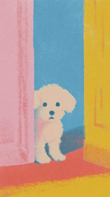 JPG 동물 벽 컬러 포즈 일러스트 놀이 반려동물 세계 문 귀여움 개 강아지 포근함 호기심 그림 천진난만 국내일러스트 AI일러스트 AI콘텐츠 감정 컨셉 포유류 감각 파일형식