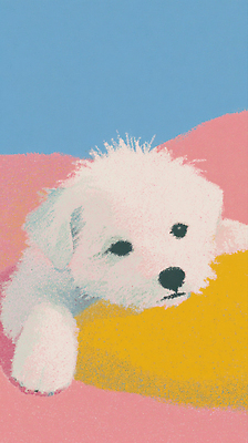 JPG 동물 분홍색 백그라운드 일러스트 생명 추상 사랑 파란색 노란색 귀여움 흰색 강아지 포근함 편안함 담요 솜털 유화 국내일러스트 AI일러스트 AI콘텐츠 감정 컬러 컨셉 무늬 미술 반려동물 감각 개 파일형식