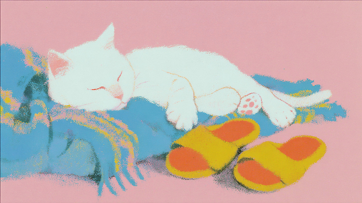 JPG 동물 옷 컬러 무늬 일러스트 휴식 색연필 슬리퍼 주택 실내 생활 고양이 욕실 흰색 잠 편안함 담요 그림 국내일러스트 AI일러스트 AI콘텐츠 신발 컨셉 포유류 학용품 내부 건물 반려동물 감각 파일형식